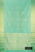 Sea Green Dual Tone Kanchipuram Silk Saree with Stripes on the body and Zari Border.  displayed on a mannequin