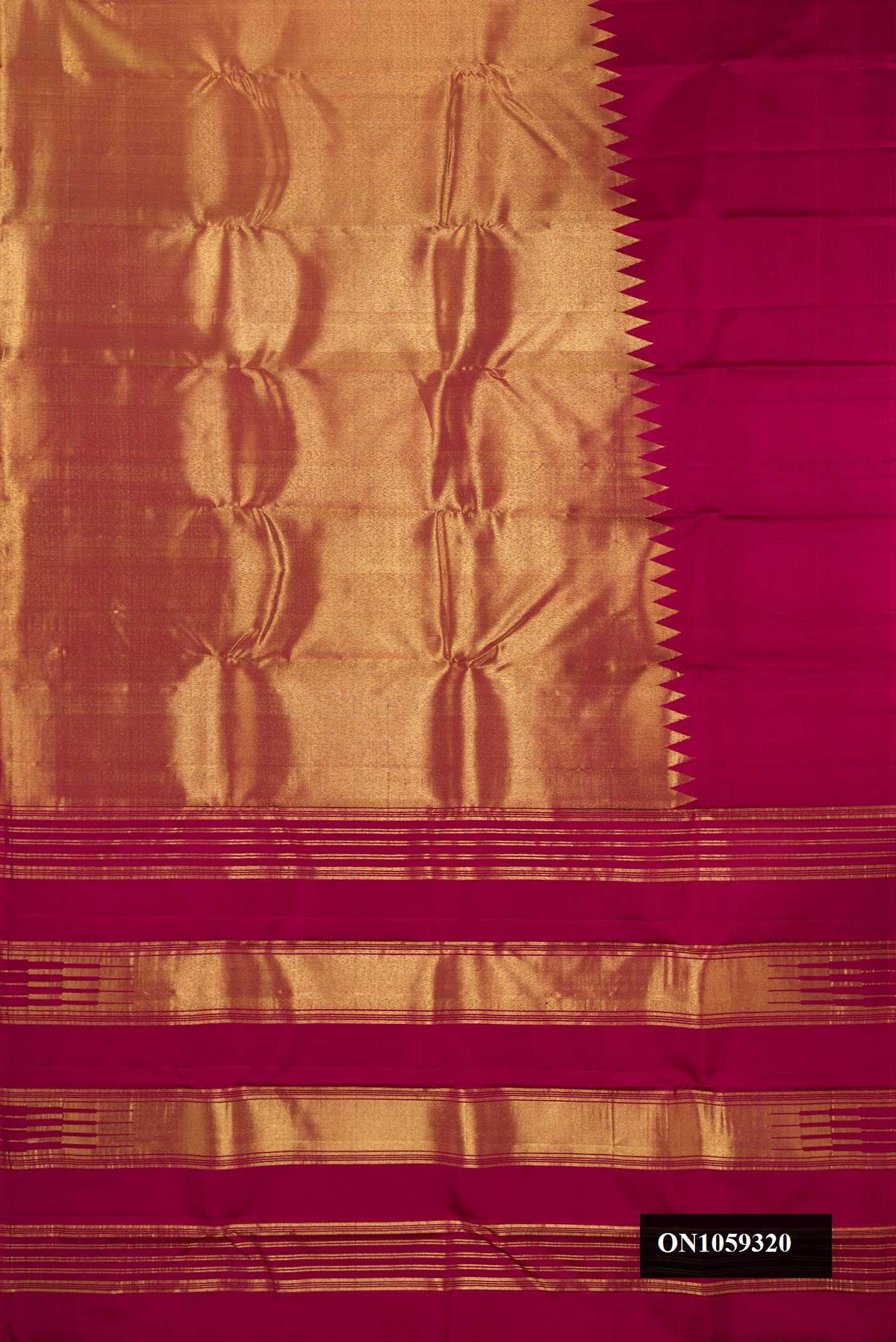Maroon Dual Tone Kanchipuram Silk Saree with Plain Body and Rising Temple Border.  displayed on a mannequin