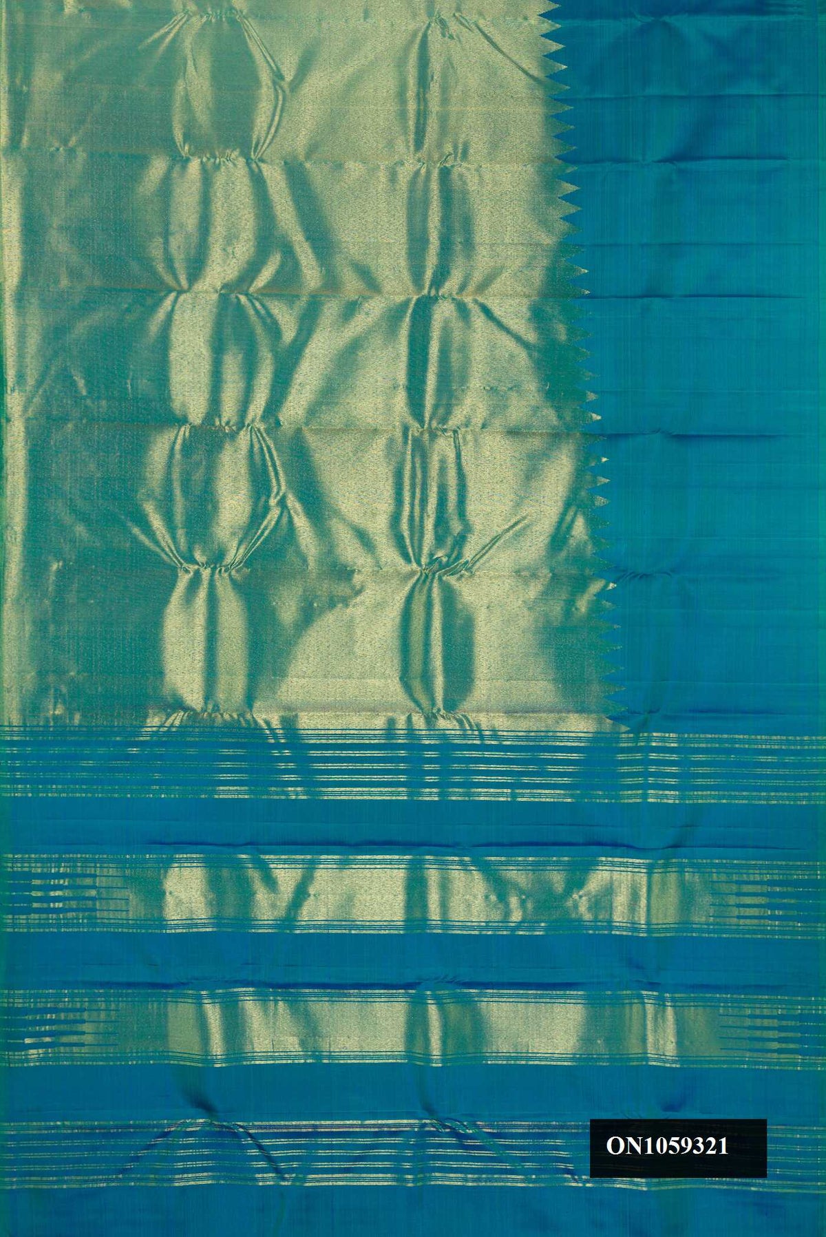 Peacock Blue Dual Tone Kanchipuram Silk Saree with Plain Body and Rising Temple Border.  displayed on a mannequin