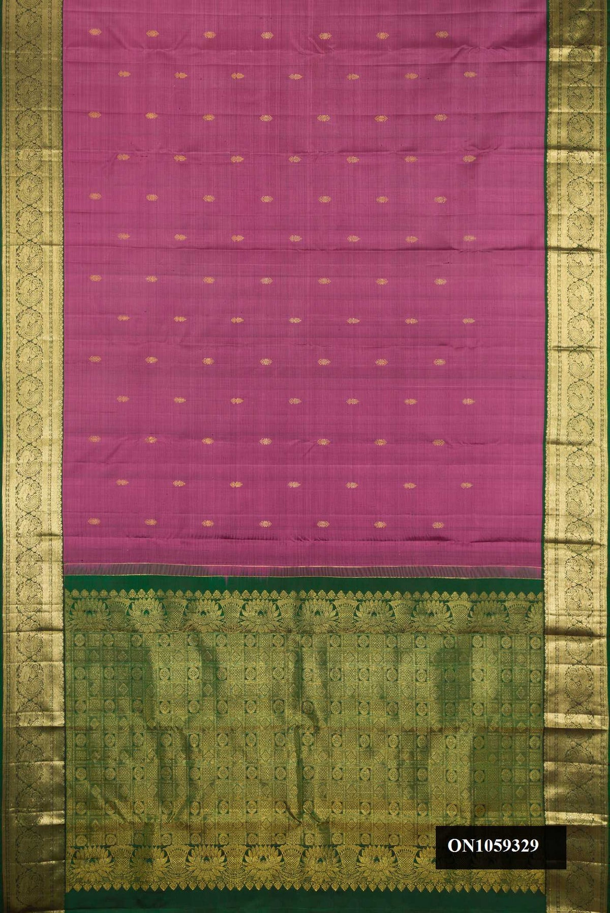 Pink Dual Tone Kanchipuram Silk Saree with Zari Butta on the body and Zari Border.  displayed on a mannequin