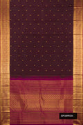 Coffee Brown Dual Tone Kanchipuram Silk Saree with Zari Butta on the body and Zari Border.  displayed on a mannequin