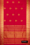 Maroon Dual Tone Kanchipuram Silk Saree with Zari Butta on the body and Zari Border.  displayed on a mannequin