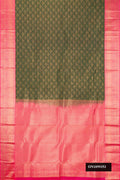 Green Dual Tone Kanchipuram Silk Saree with Zari Brocade on the body and Zari Border.  displayed on a mannequin