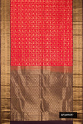 Red Dual Tone Kanchipuram Silk Saree with Zari Brocade on the body and Zari Border.  displayed on a mannequin