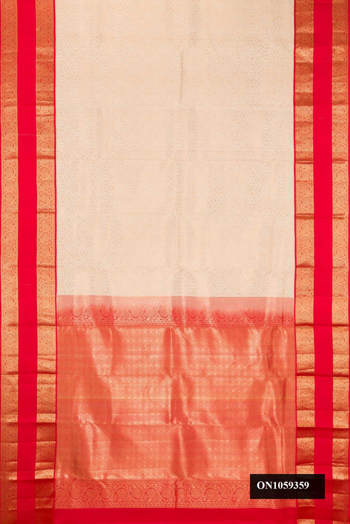 Beige Dual Tone Kanchipuram Silk Saree with Zari Brocade on the body and Zari Border.  displayed on a mannequin