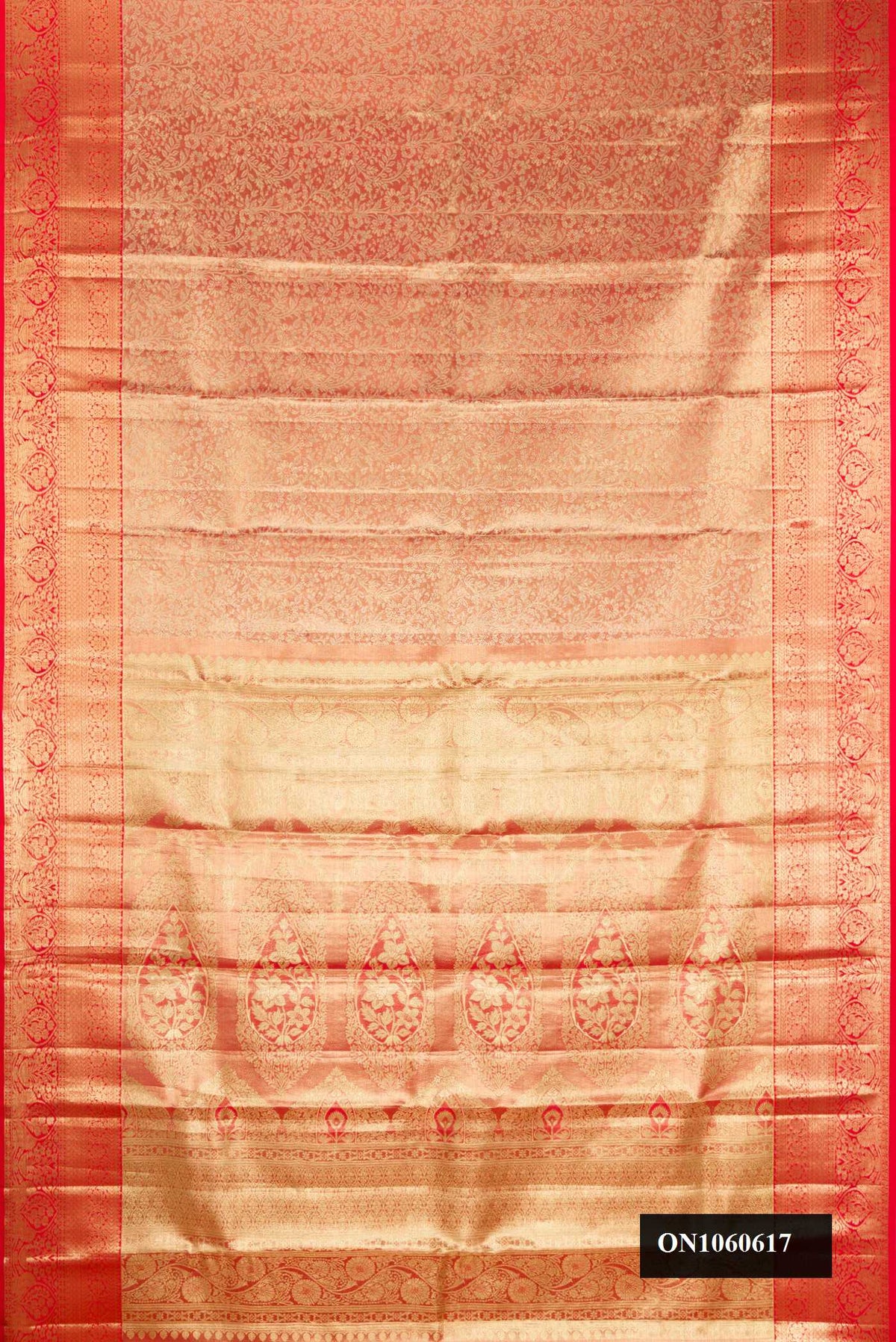 Red Dual Tone Kanchipuram Tissue Silk Saree with Zari Brocade on the body and Zari Border.  displayed on a mannequin