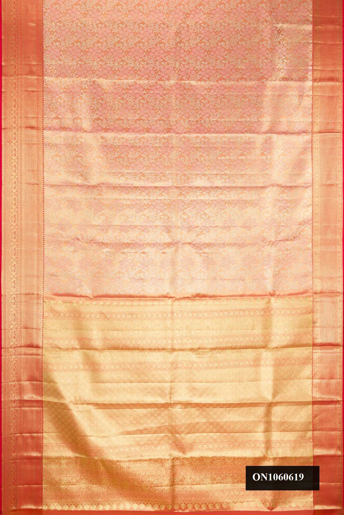 Red Dual Tone Kanchipuram Tissue Silk Saree with Zari Brocade on the body and Zari Border.  displayed on a mannequin