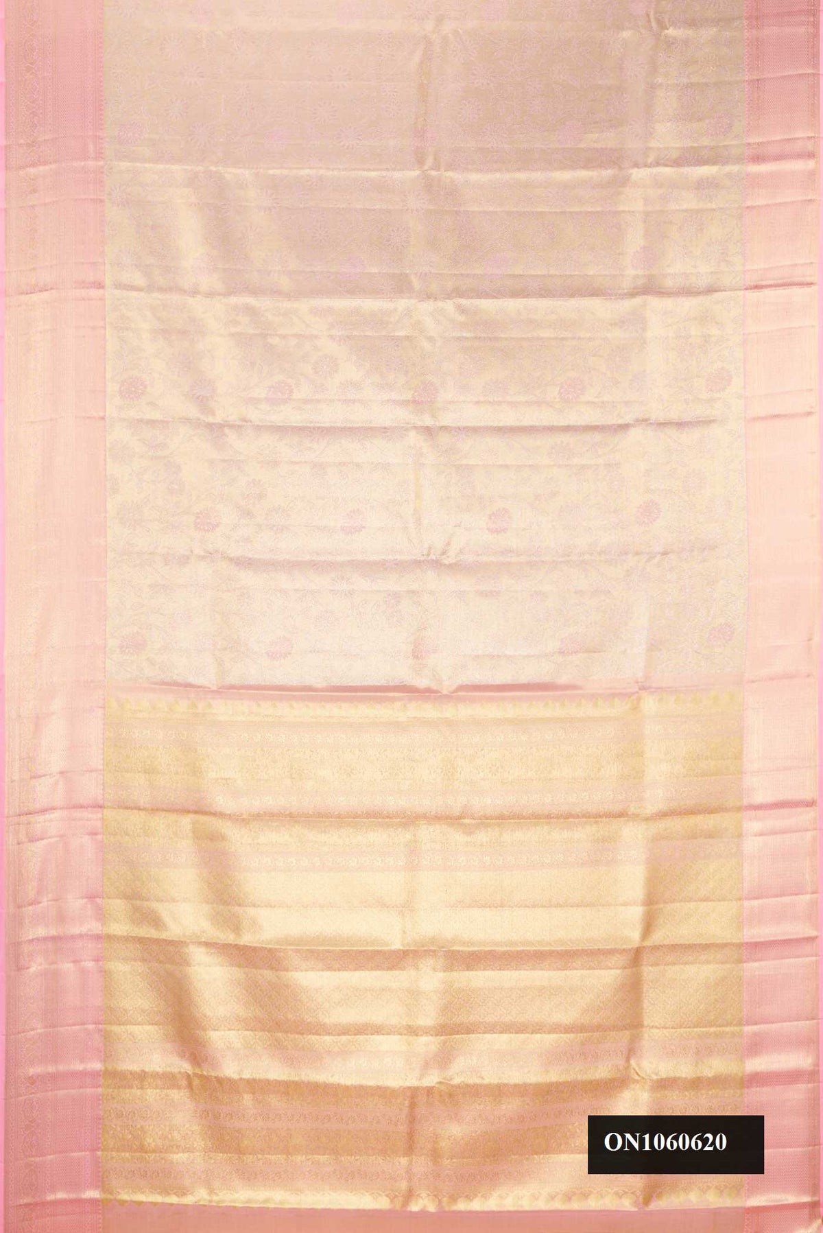 Rose pink Dual Tone Kanchipuram Tissue Silk Saree with Zari Brocade on the body and Zari Border.  displayed on a mannequin