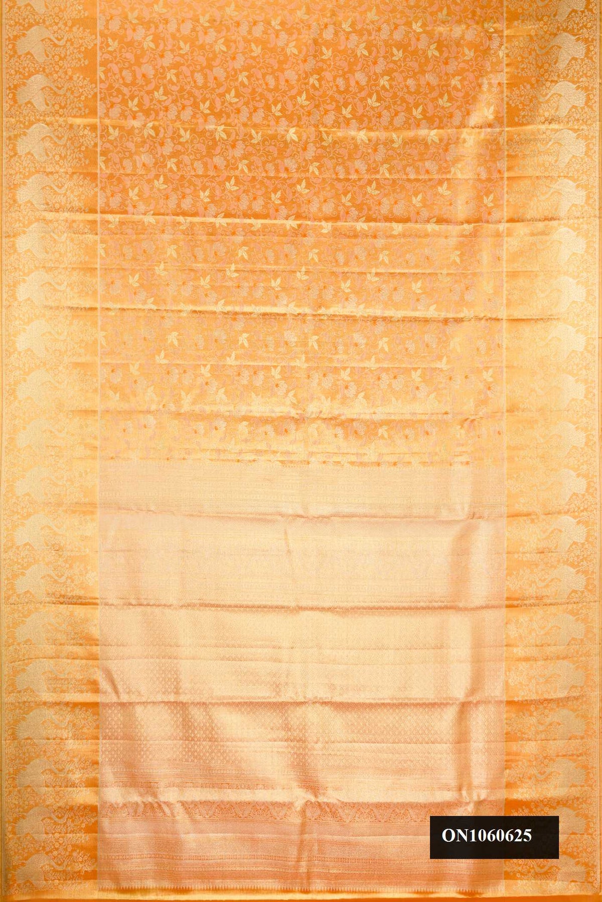 Orange Dual Tone Kanchipuram Tissue Silk Saree with Zari Brocade on the body and Zari Border.  displayed on a mannequin
