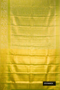 Parrot Green Dual Tone Kanchipuram Tissue Silk Saree with Zari Brocade on the body and Zari Border.  displayed on a mannequin