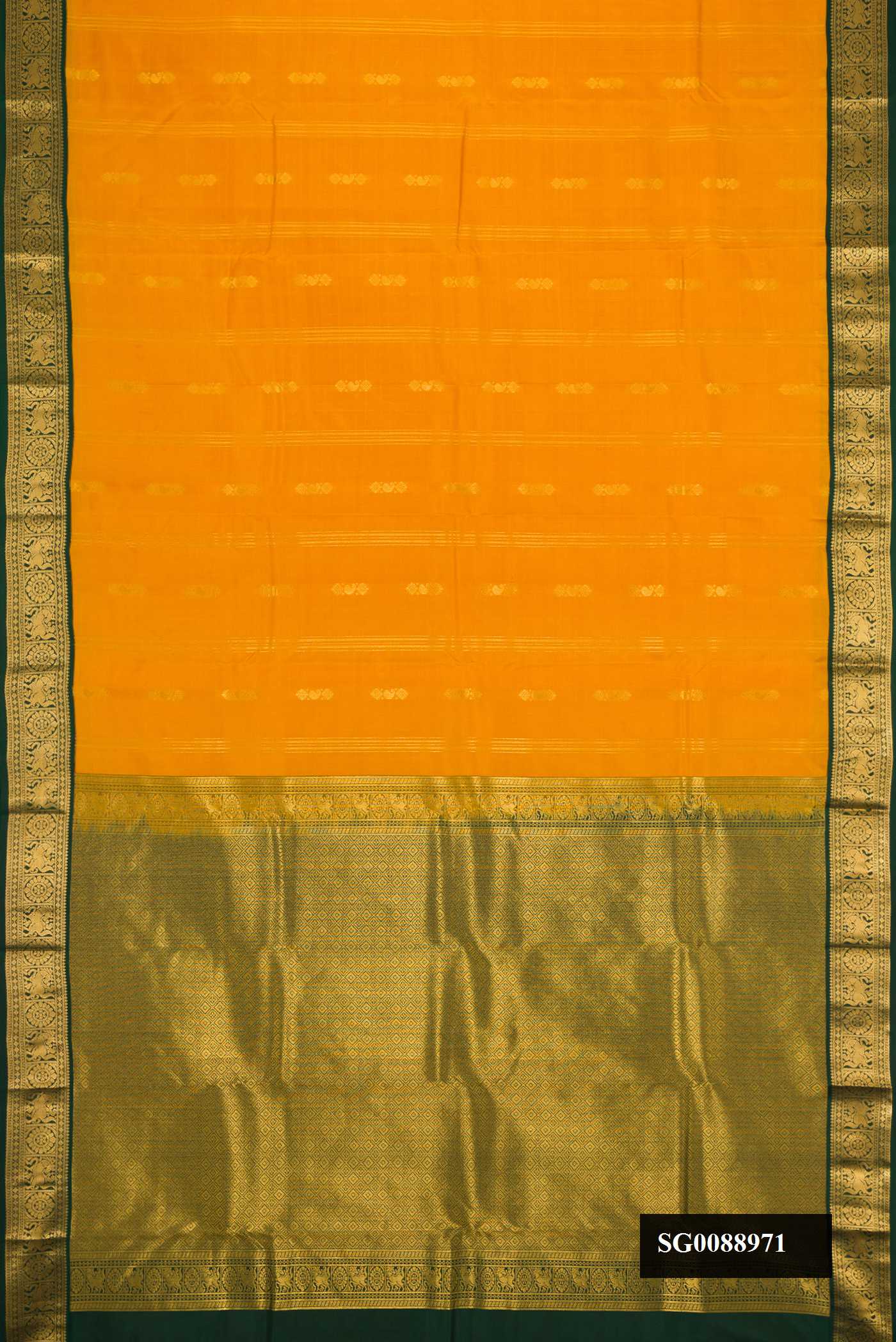 Mustard Dual Tone Kanchipuram Silk Saree with Zari Butta on the body and Zari Border.  displayed on a mannequin