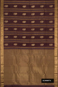 Coffee Brown Dual Tone Kanchipuram Silk Saree with Zari Butta on the body and Zari Border.  displayed on a mannequin