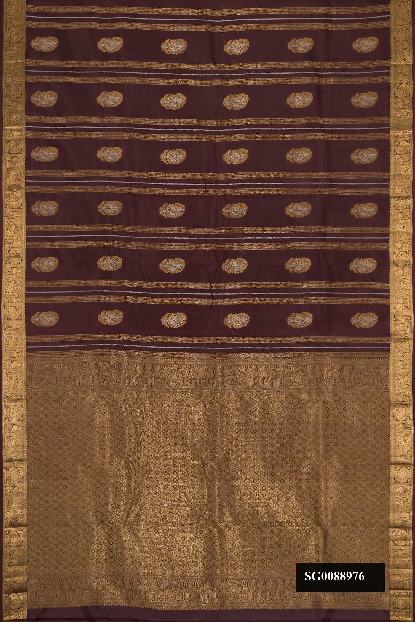 Coffee Brown Dual Tone Kanchipuram Silk Saree with Zari Butta on the body and Zari Border.  displayed on a mannequin