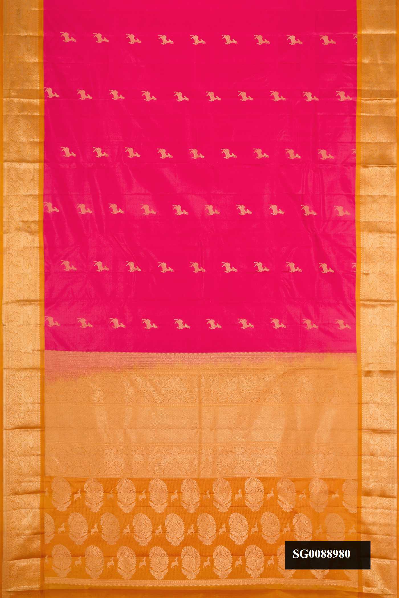 Pink Dual Tone Kanchipuram Silk Saree with Zari Butta on the body and Zari Border.  displayed on a mannequin