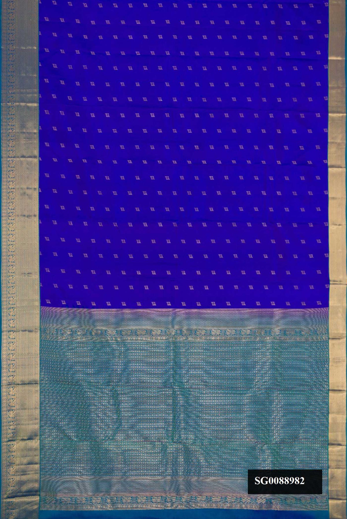 Royal Blue Dual Tone Kanchipuram Silk Saree with Zari Butta on the body and Zari Border.  displayed on a mannequin