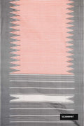 Off White Dual Tone Kanchipuram Silk Saree with Stripes on the body and Temple Thread Border.  displayed on a mannequin