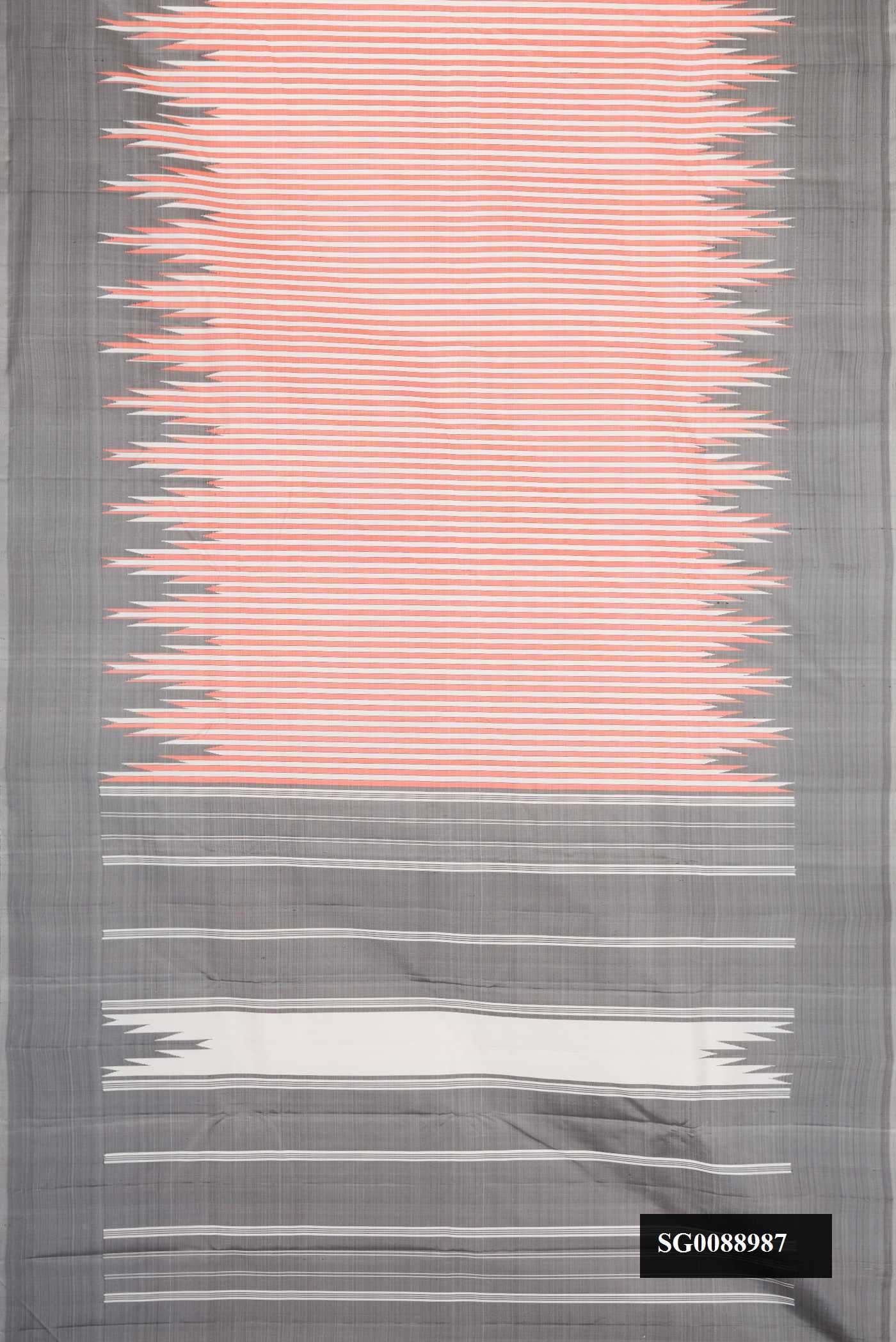 Off White Dual Tone Kanchipuram Silk Saree with Stripes on the body and Temple Thread Border.  displayed on a mannequin