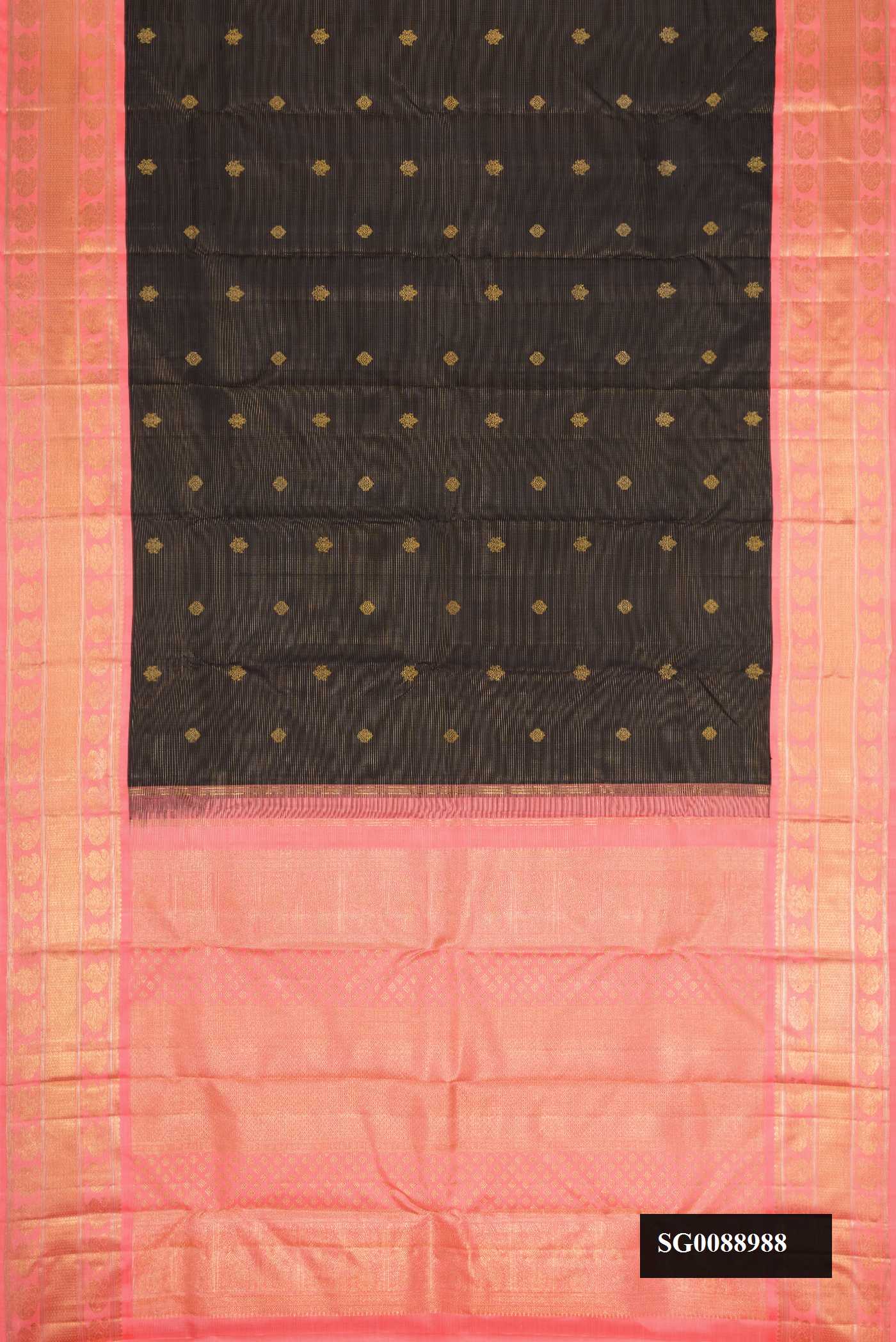 Navy Blue Dual Tone Kanchipuram Silk Saree with Zari Butta on the body and Zari Border.  displayed on a mannequin