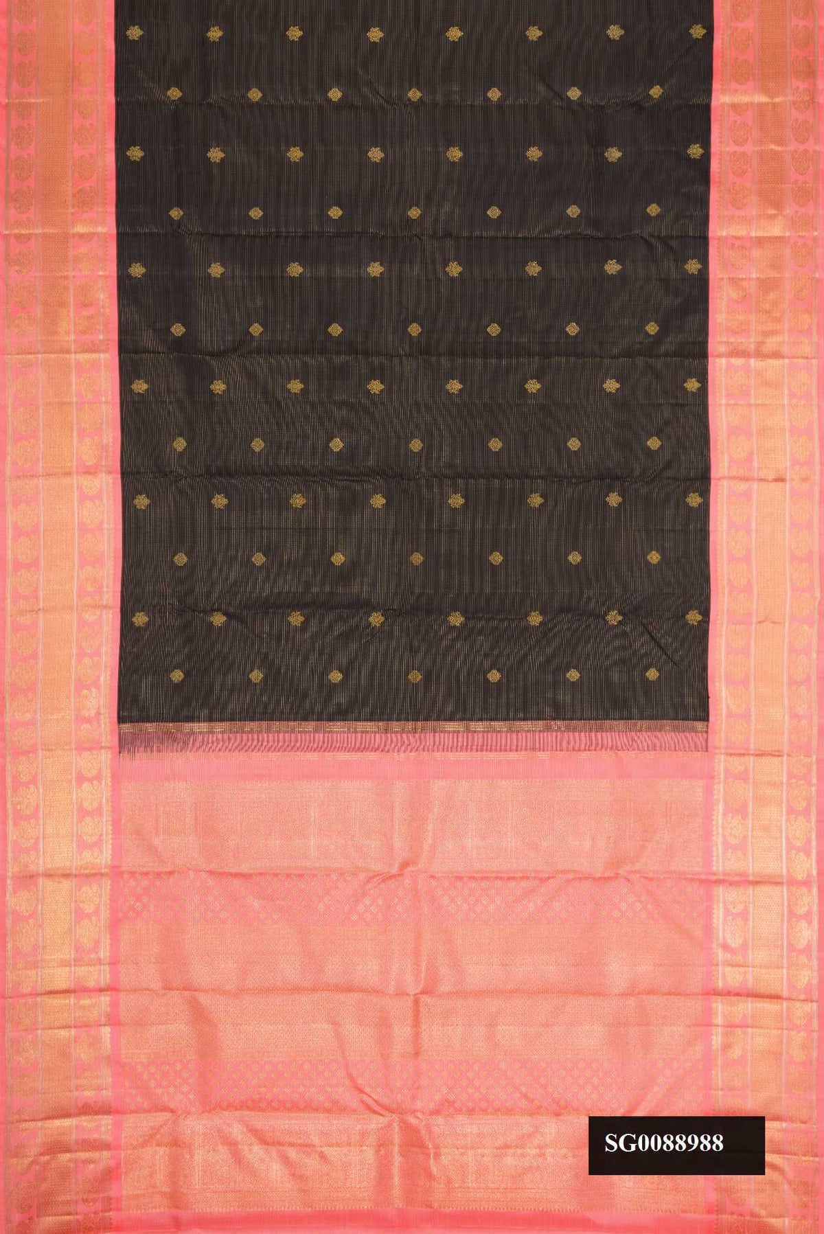 Navy Blue Dual Tone Kanchipuram Silk Saree with Zari Butta on the body and Zari Border.  displayed on a mannequin