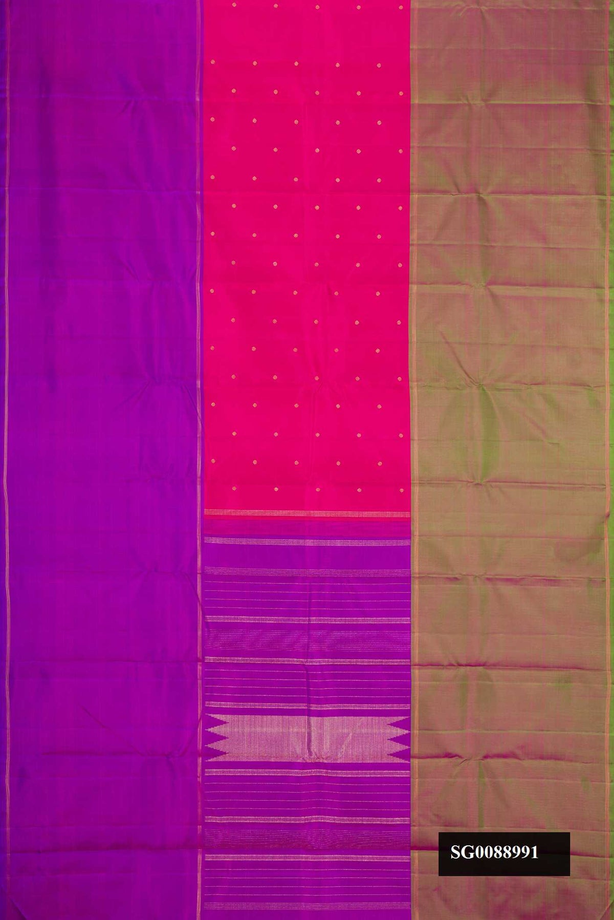 Pink Dual Tone Kanchipuram Silk Saree with Zari Butta on the body and Ganga Jamuna Border.  displayed on a mannequin
