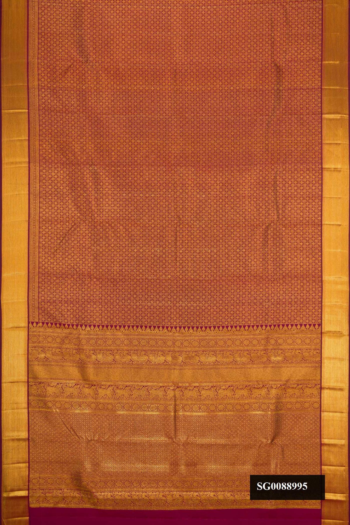 Maroon Dual Tone Kanchipuram Silk Saree with Zari Brocade on the body and Zari Border.  displayed on a mannequin