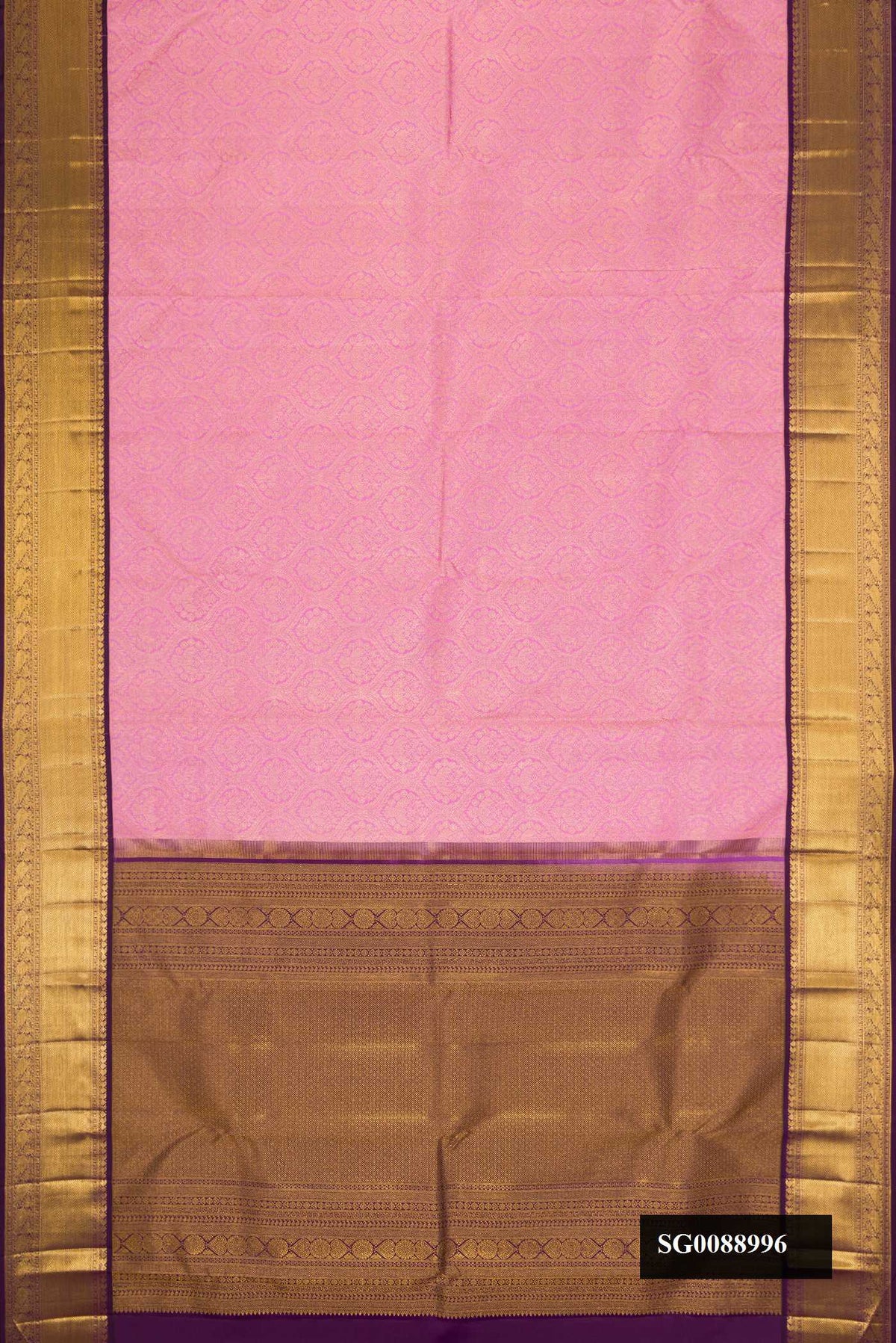Pink Dual Tone Kanchipuram Silk Saree with Zari Brocade on the body and Zari Border.  displayed on a mannequin
