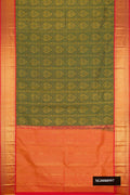 Bottle Green Dual Tone Kanchipuram Silk Saree with Zari Brocade on the body and Zari Border.  displayed on a mannequin