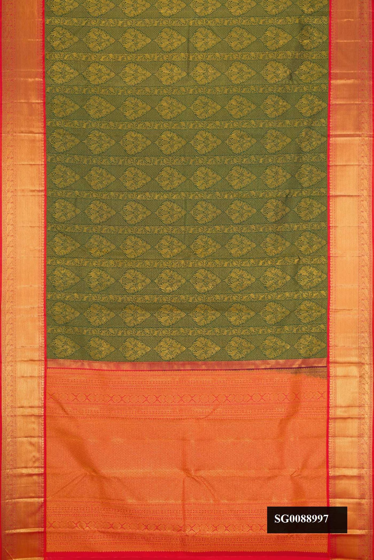 Bottle Green Dual Tone Kanchipuram Silk Saree with Zari Brocade on the body and Zari Border.  displayed on a mannequin