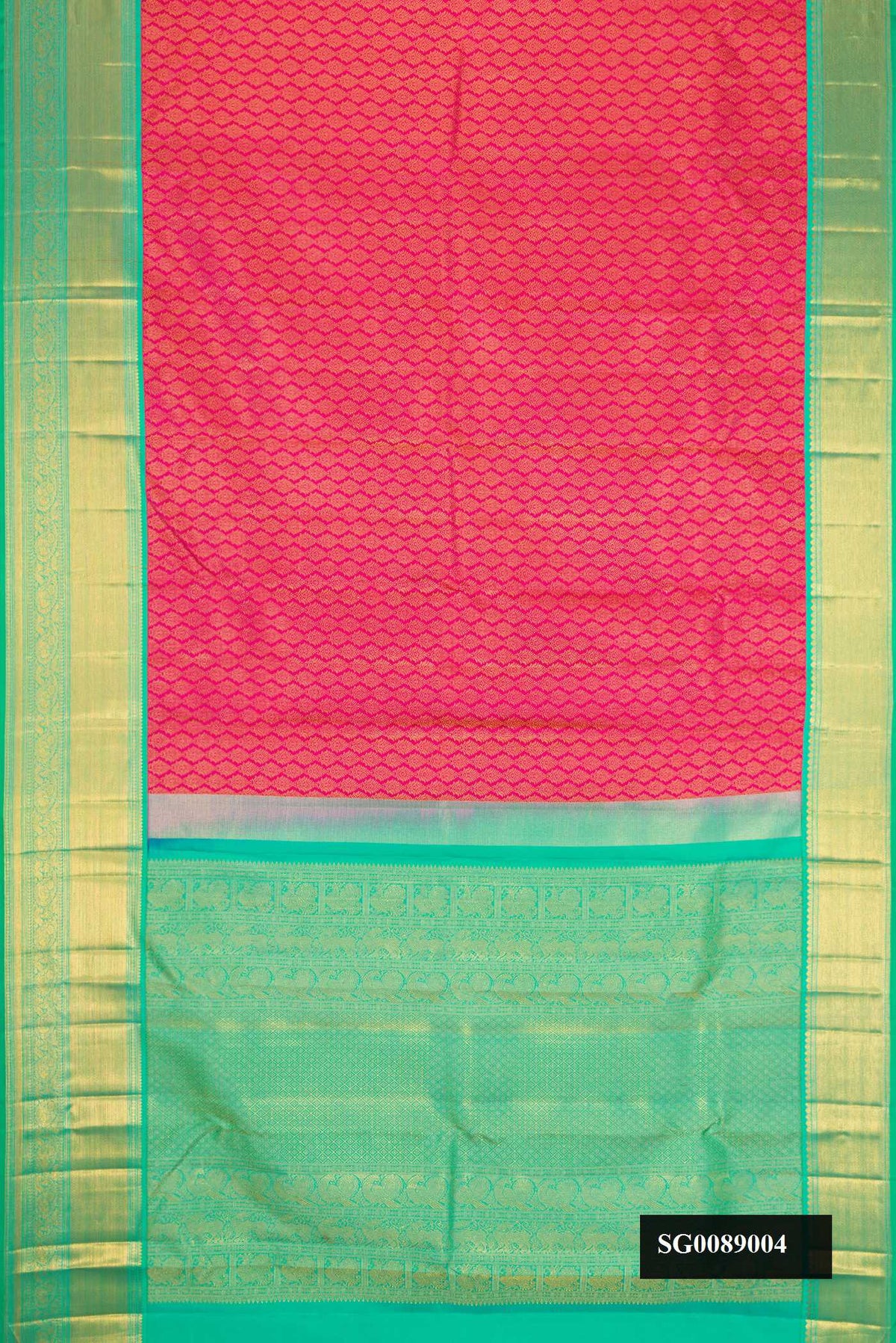 Pink Dual Tone Kanchipuram Silk Saree with Zari Brocade on the body and Zari Border.  displayed on a mannequin