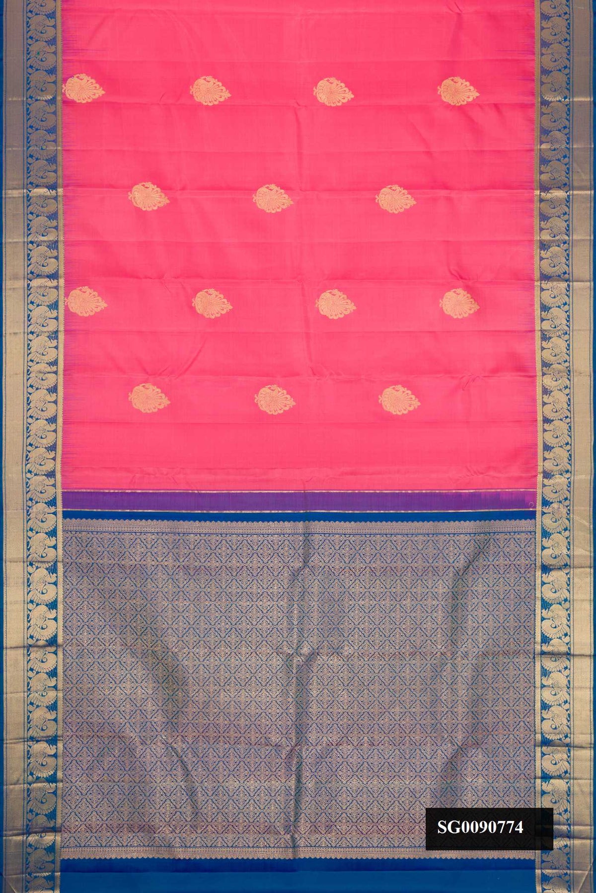 Pink Dual Tone Kanchipuram Silk Saree with Zari Butta on the body and Zari Border.  displayed on a mannequin