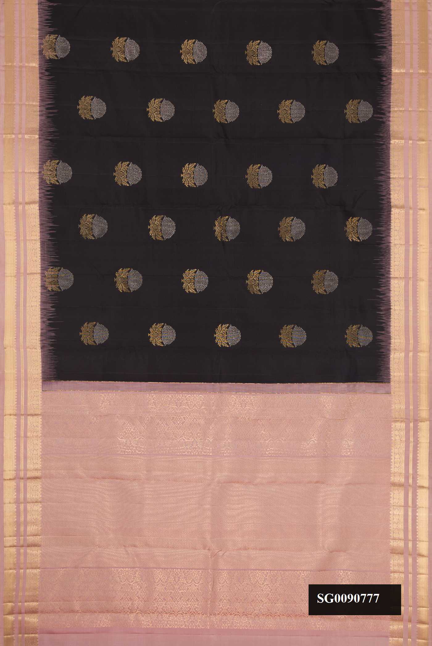 Black Dual Tone Kanchipuram Silk Saree with Zari Butta on the body and Zari Border.  displayed on a mannequin