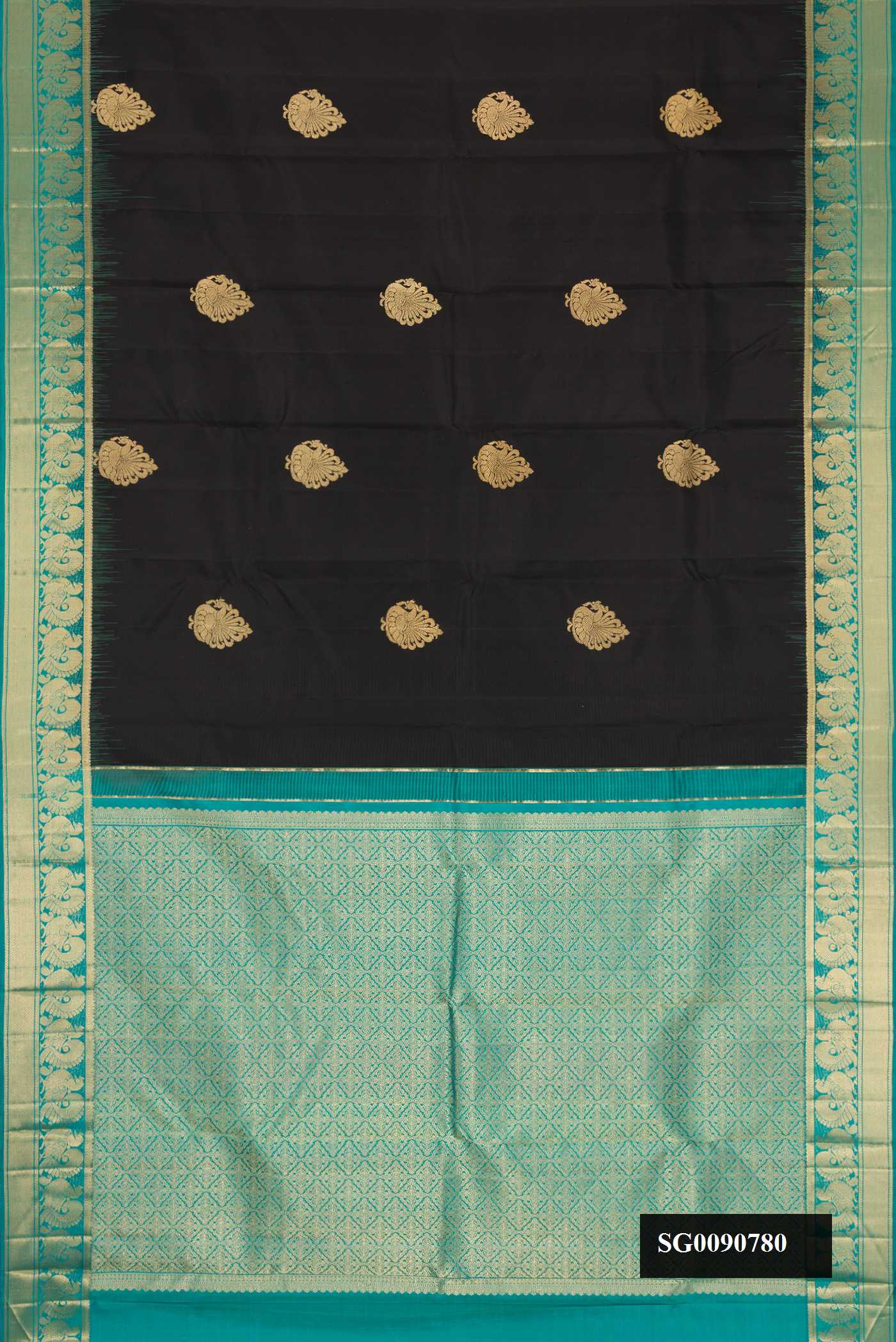 Black Dual Tone Kanchipuram Silk Saree with Zari Butta on the body and Zari Border.  displayed on a mannequin