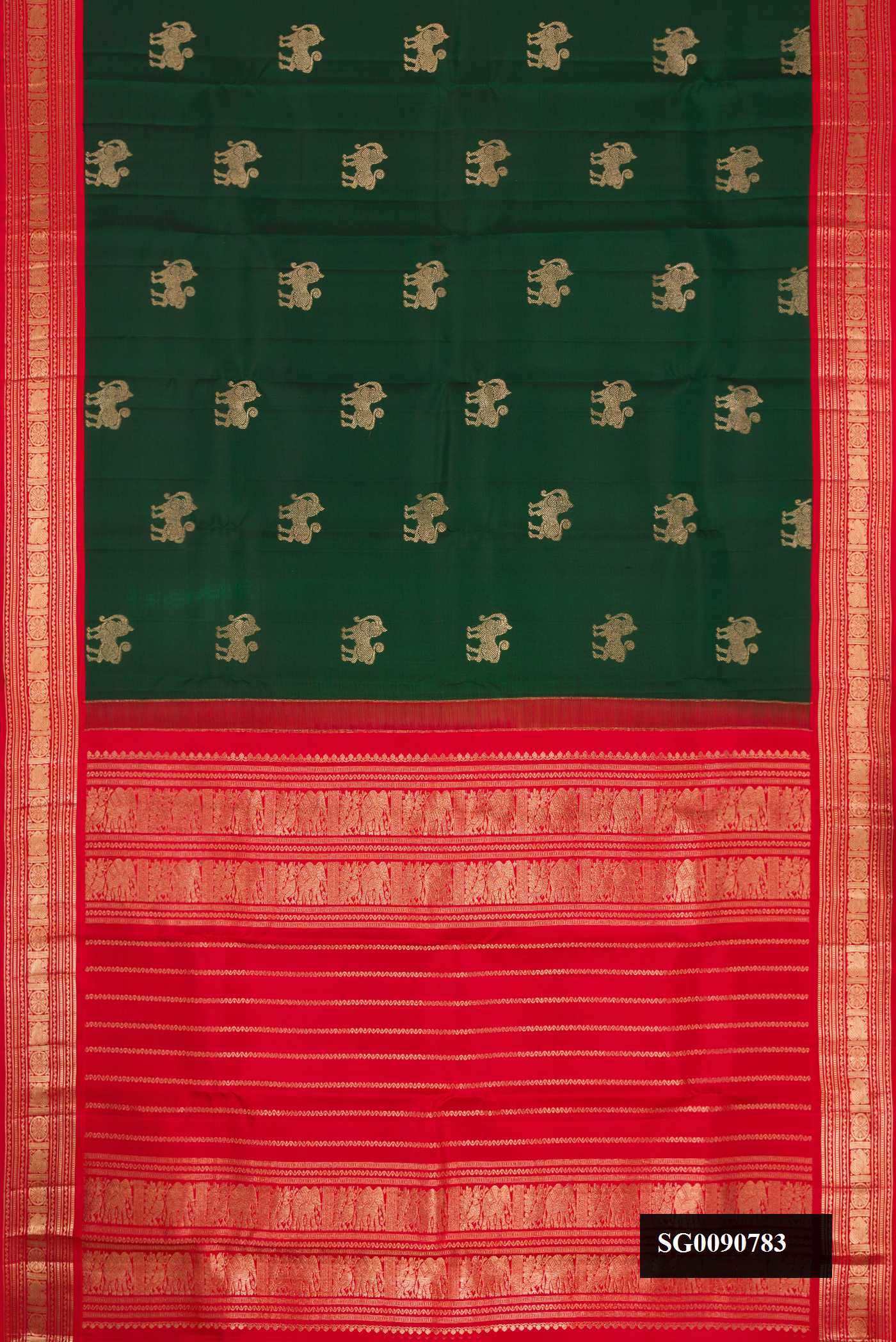 Green Kanchipuram Silk Saree with Zari Butta on the body and Zari Border.  displayed on a mannequin