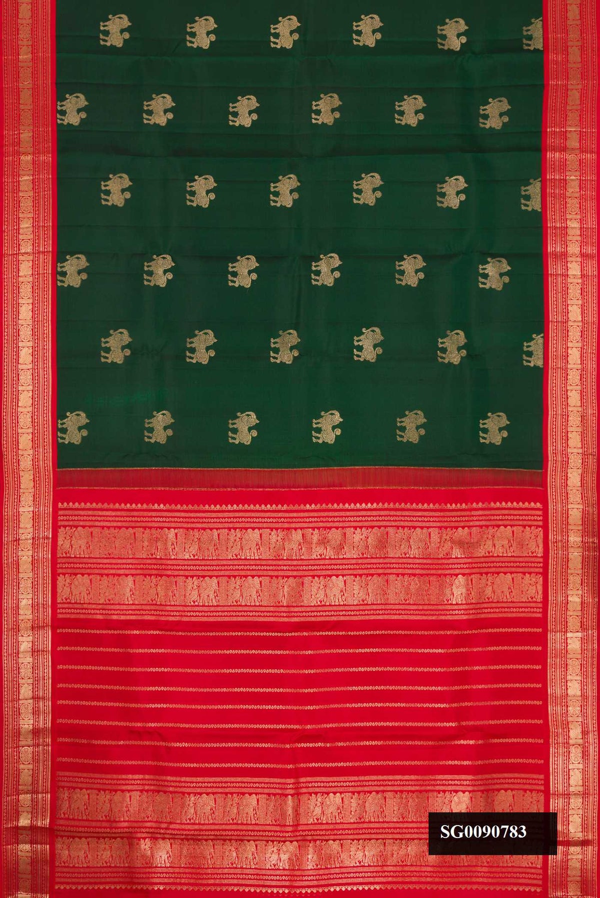 Green Kanchipuram Silk Saree with Zari Butta on the body and Zari Border.  displayed on a mannequin