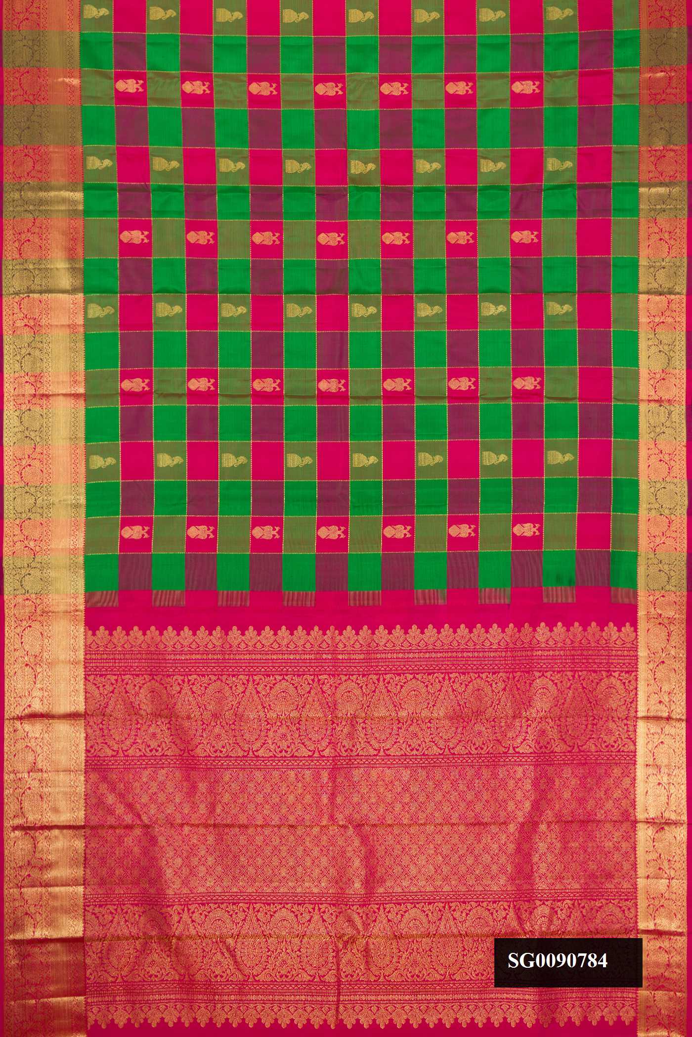 Multi Kanchipuram Silk Saree with Checked design on the body and Zari Border.  displayed on a mannequin