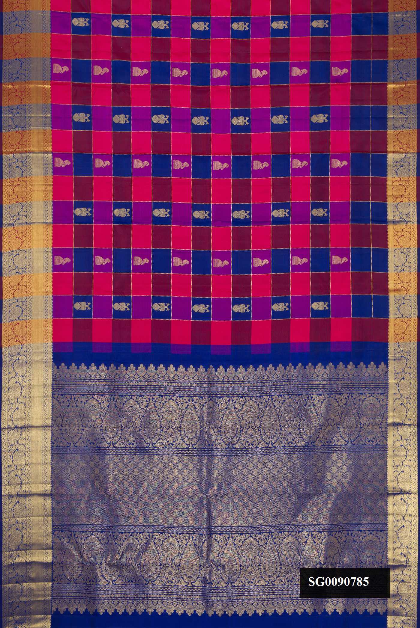 Multi Kanchipuram Silk Saree with Checked design on the body and Zari Border.  displayed on a mannequin