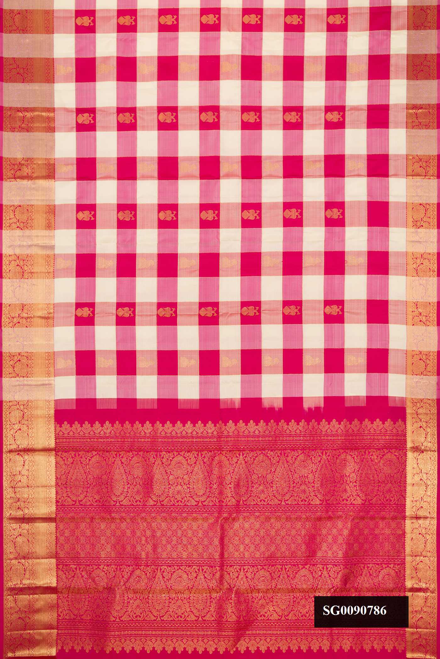 Multi Kanchipuram Silk Saree with Checked design on the body and Zari Border.  displayed on a mannequin