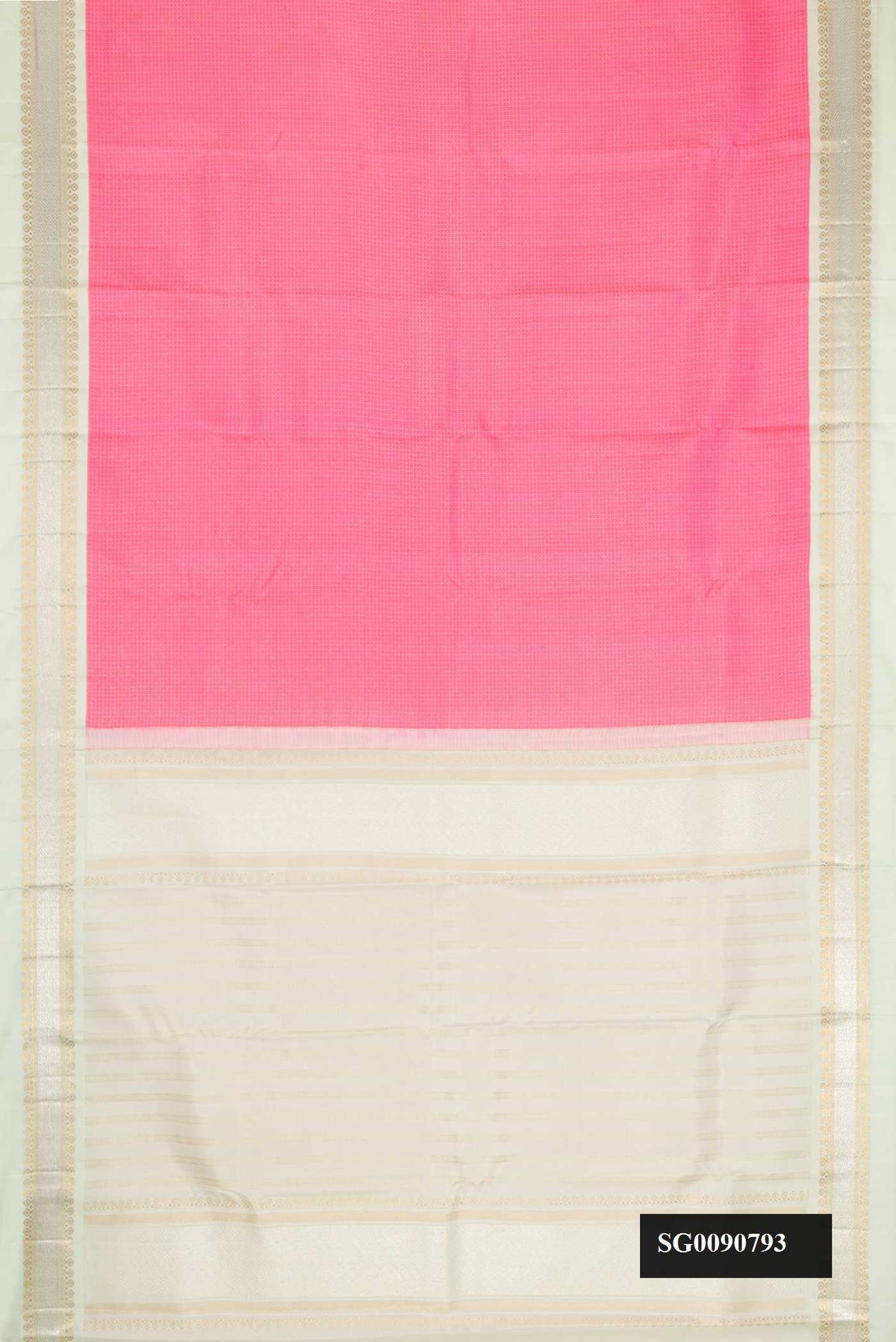 Pink Dual Tone Kanchipuram Silk Saree with Checked design on the body and Zari Border.  displayed on a mannequin