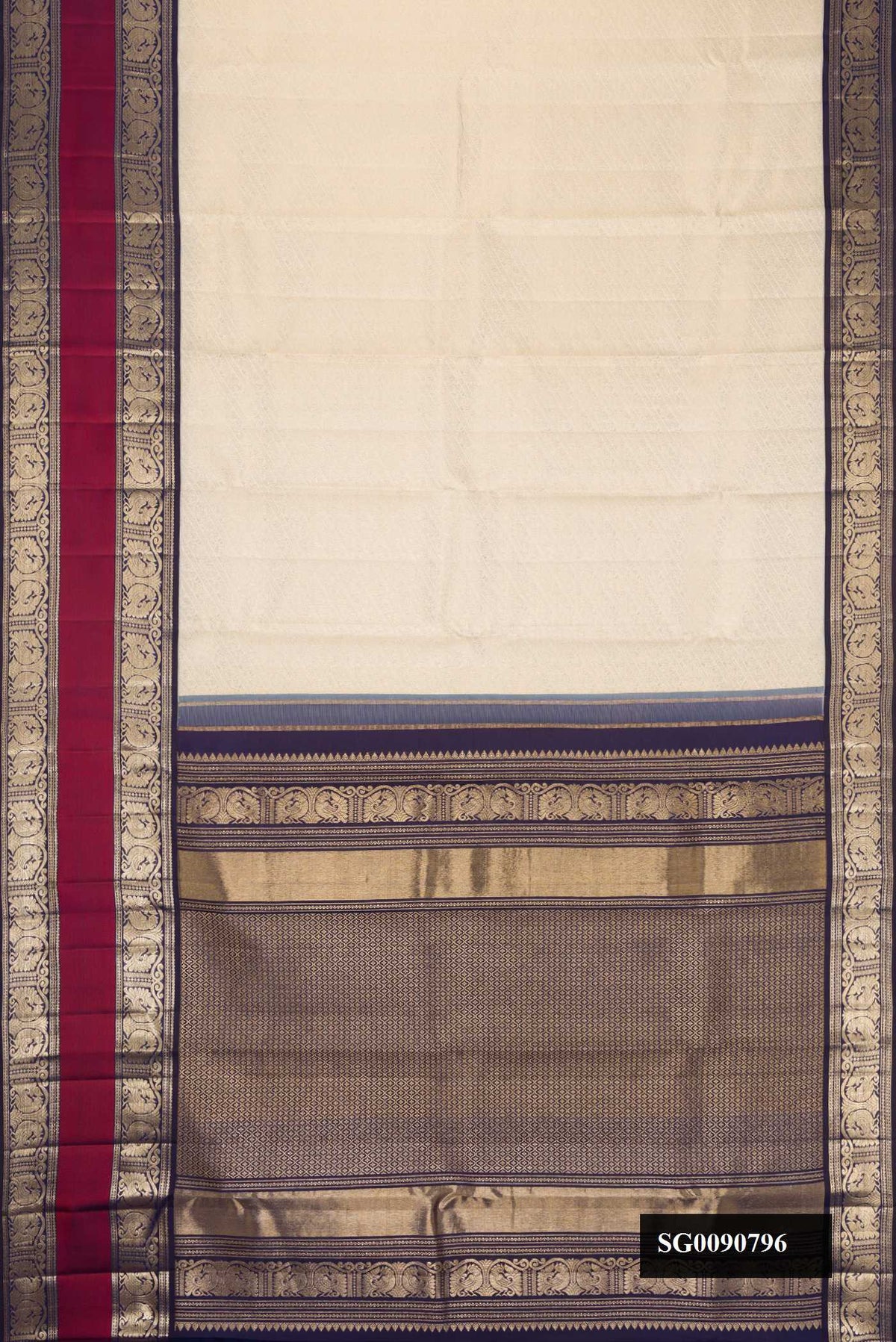 Off White Dual Tone Kanchipuram Silk Saree with Zari Brocade on the body and Zari Border.  displayed on a mannequin