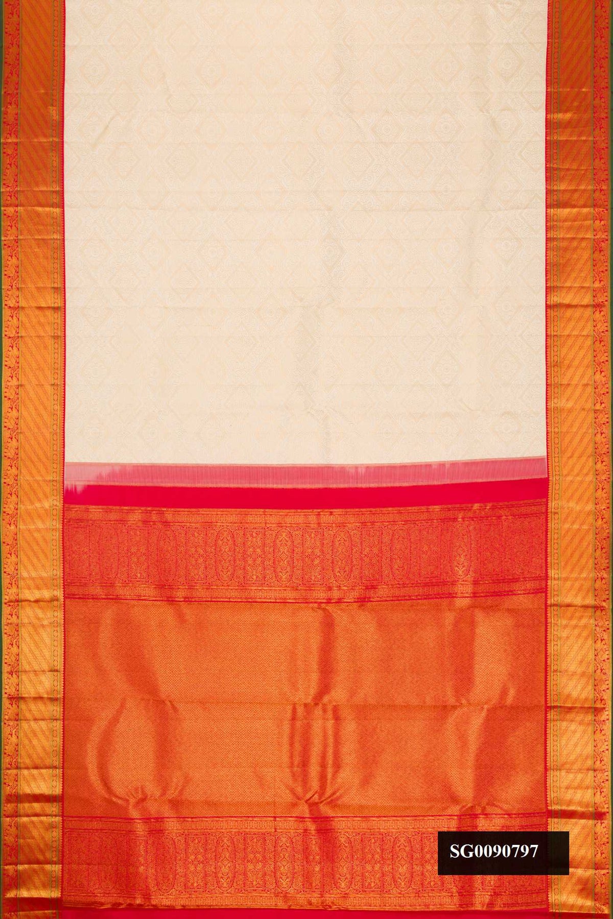 Off White Dual Tone Kanchipuram Silk Saree with Zari Brocade on the body and Zari Border.  displayed on a mannequin