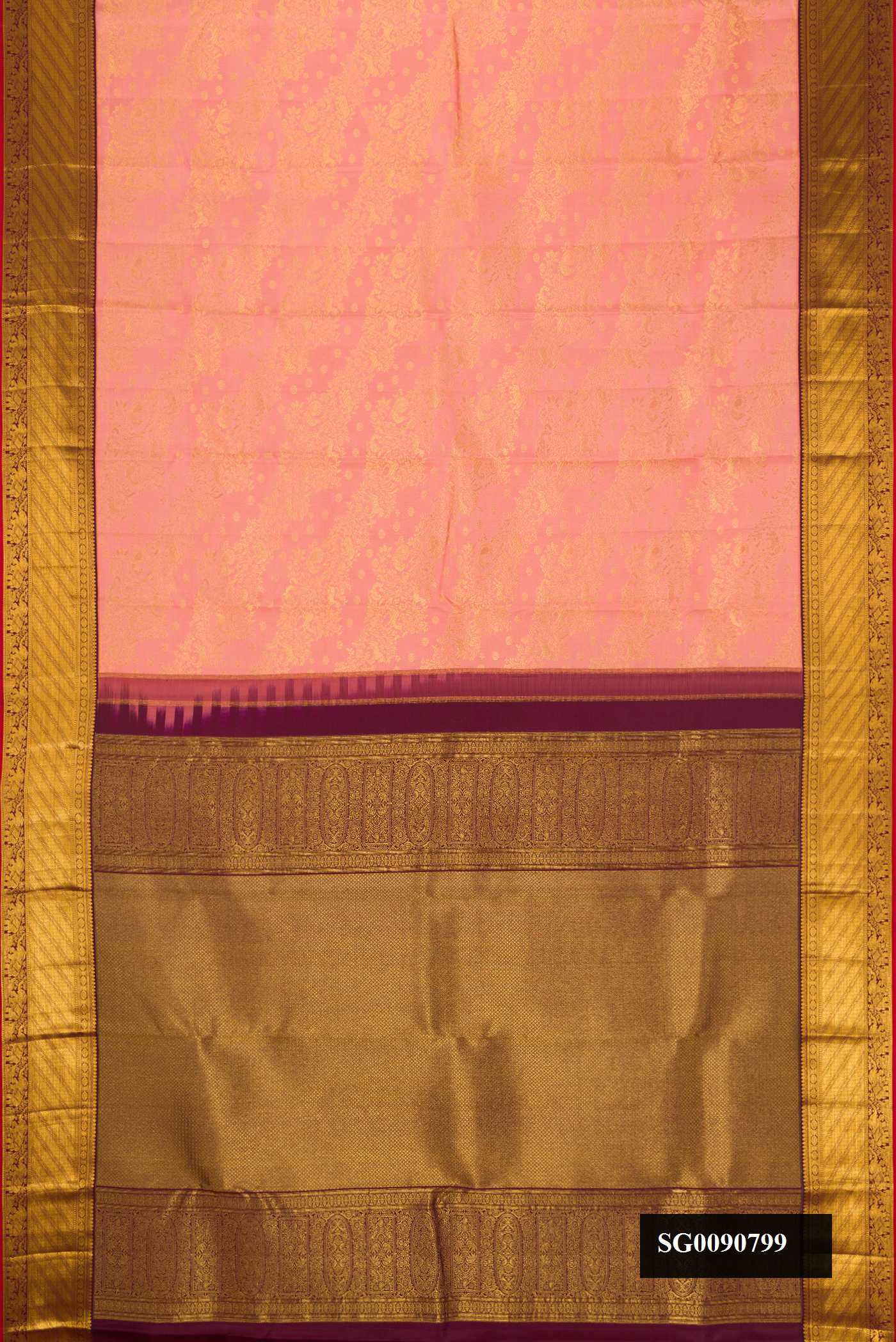 Pink Dual Tone Kanchipuram Silk Saree with Zari Brocade on the body and Zari Border.  displayed on a mannequin