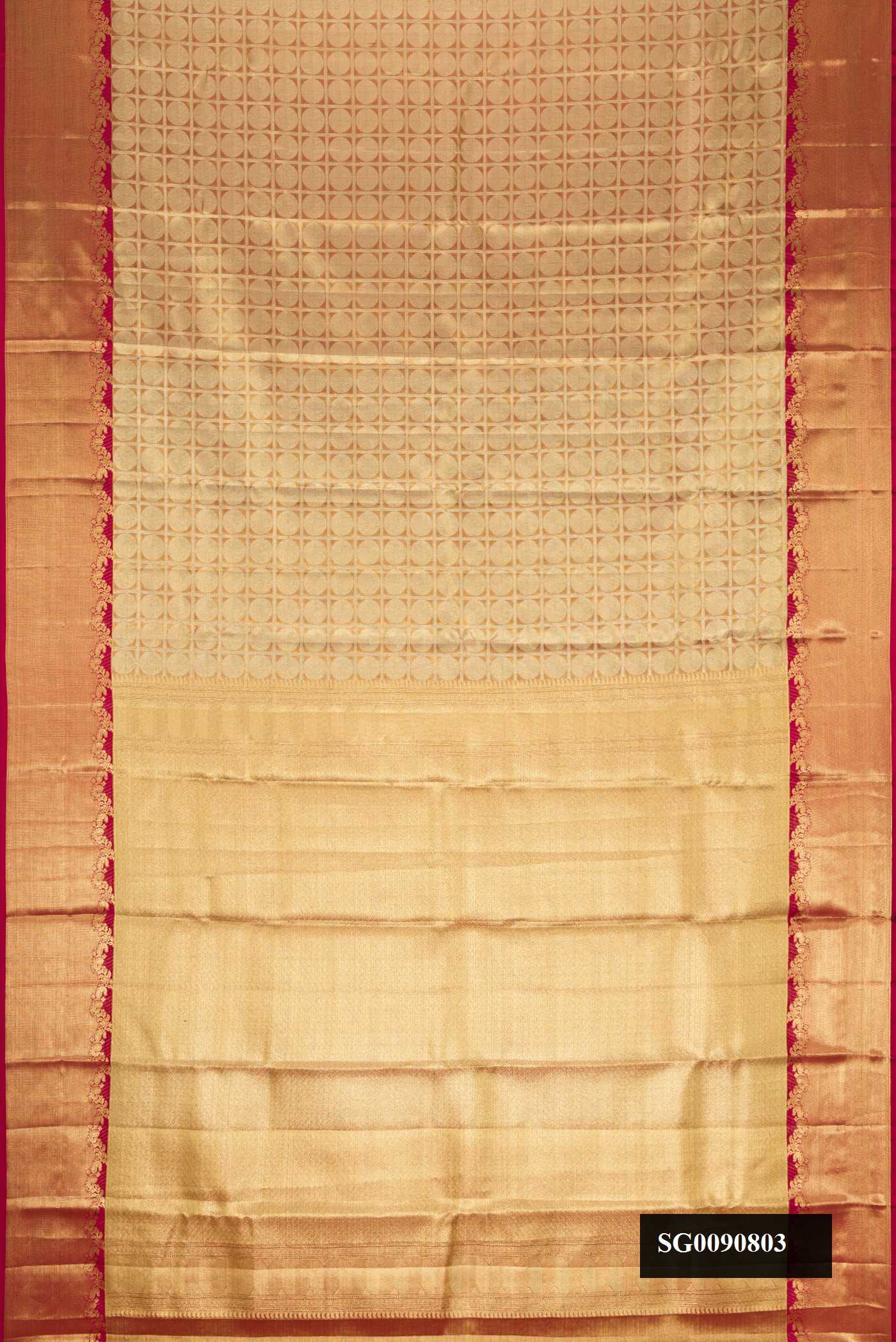 Gold Dual Tone Kanchipuram Tissue Silk Saree with Zari Brocade on the body and Fancy Border.  displayed on a mannequin