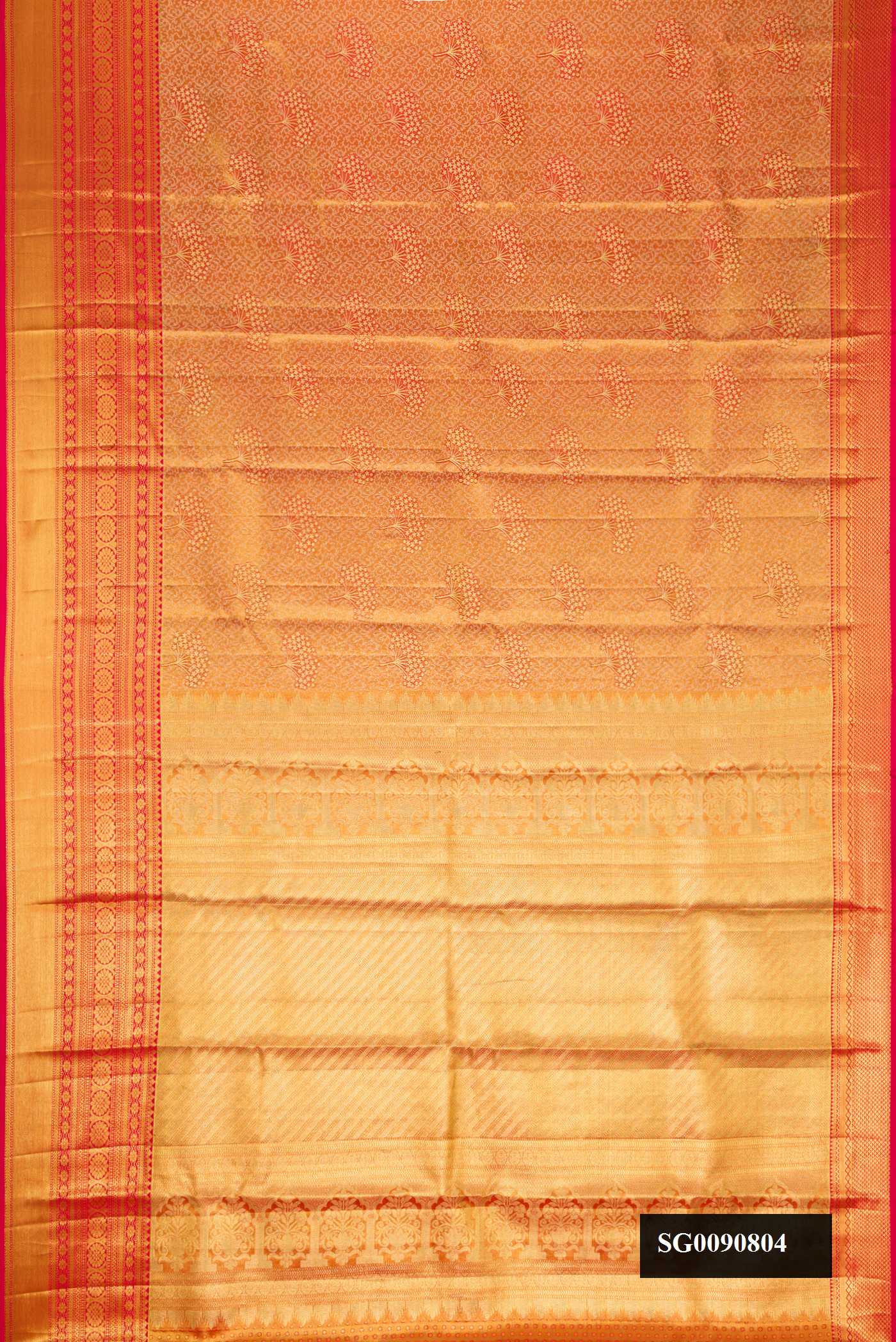 Red Dual Tone Kanchipuram Tissue Silk Saree with Zari Brocade on the body and Zari Border.  displayed on a mannequin