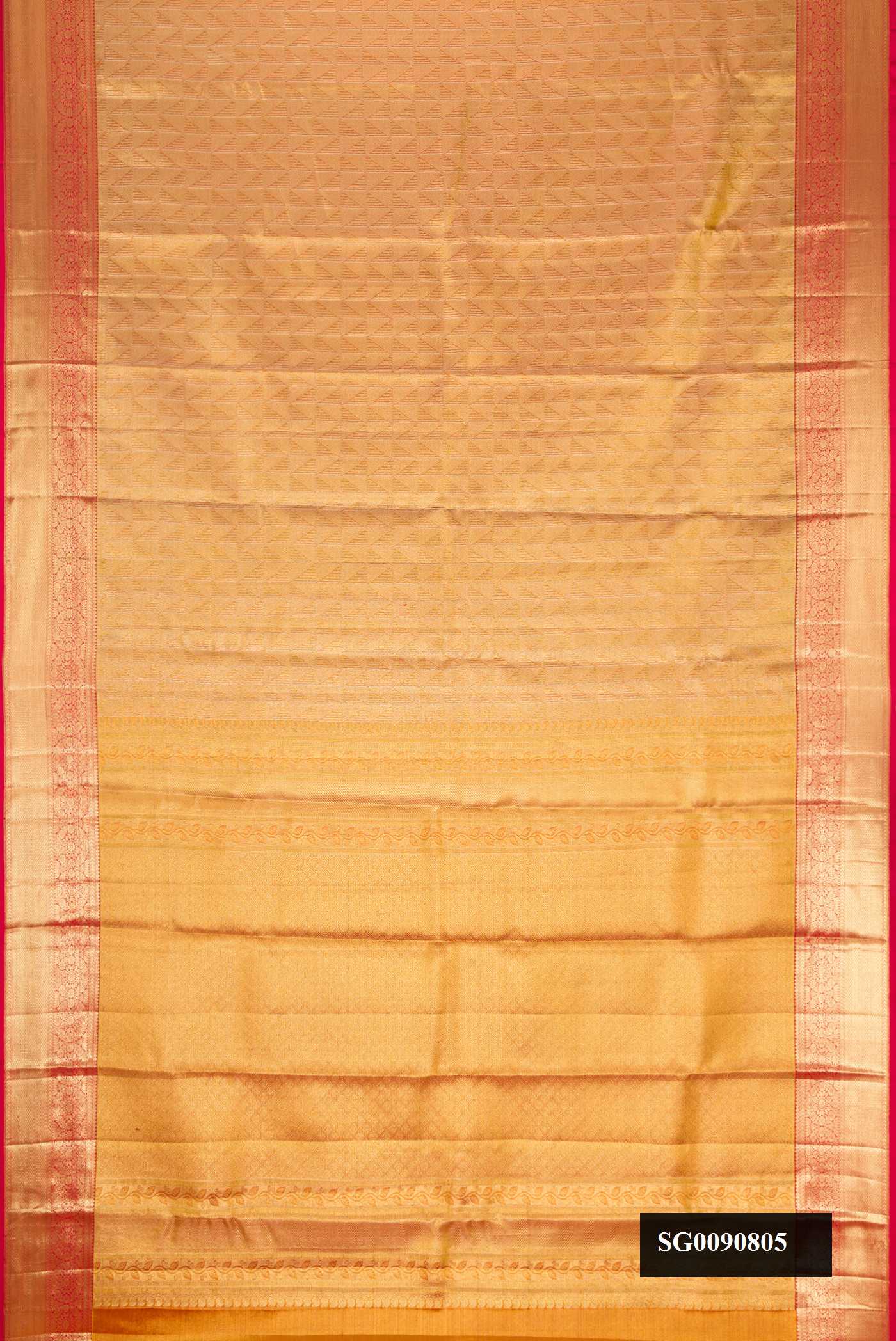 Gold Dual Tone Kanchipuram Tissue Silk Saree with Zari Brocade on the body and Zari Border.  displayed on a mannequin