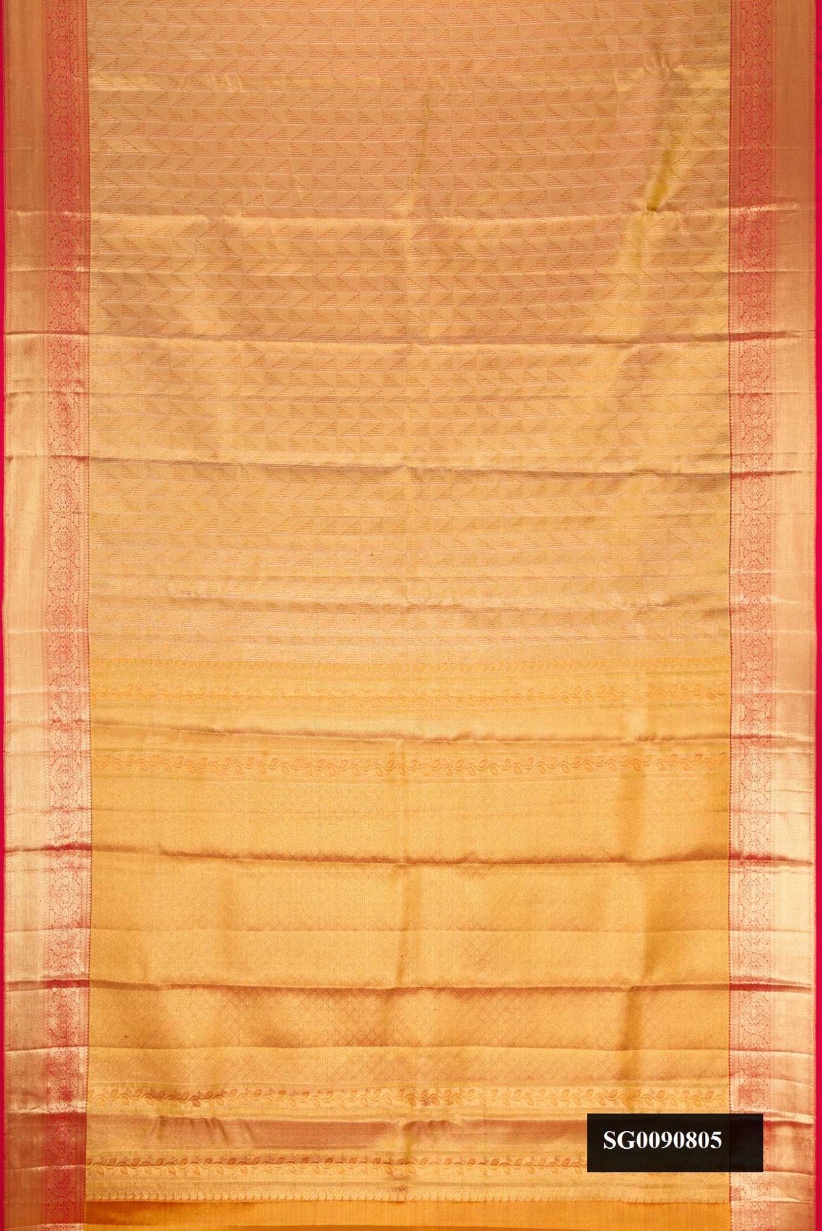 Gold Dual Tone Kanchipuram Tissue Silk Saree with Zari Brocade on the body and Zari Border.  displayed on a mannequin