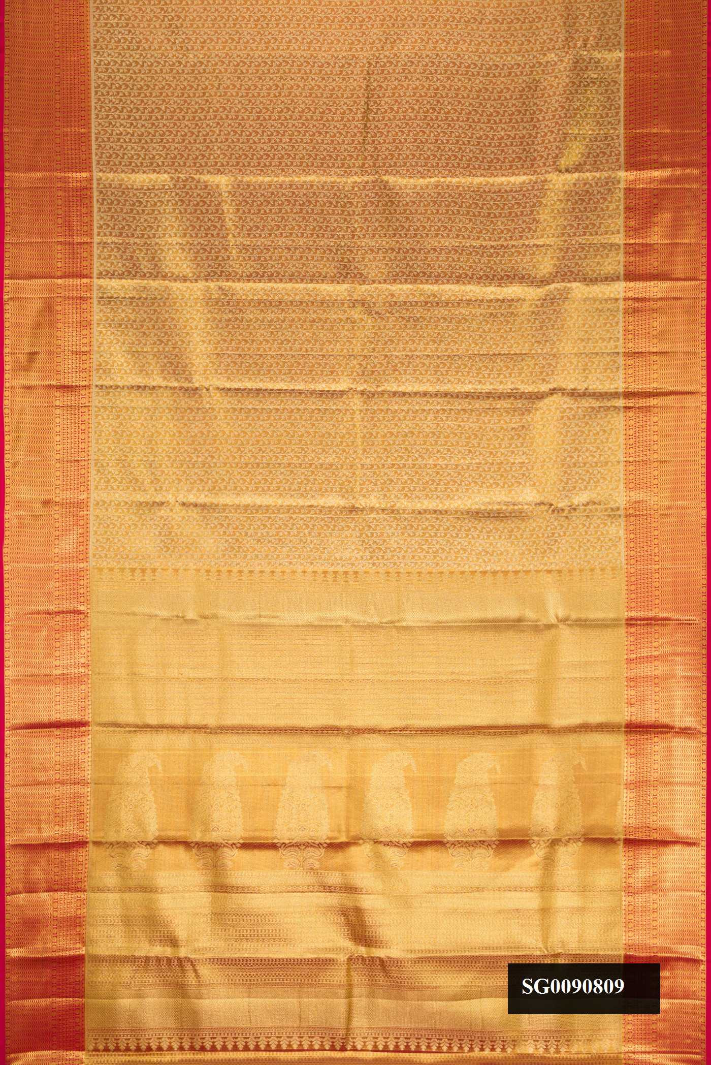 Gold Dual Tone Kanchipuram Tissue Silk Saree with Zari Brocade on the body and Zari Border.  displayed on a mannequin