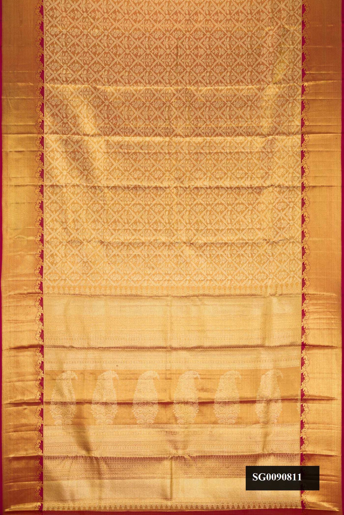 Maroon Dual Tone Kanchipuram Tissue Silk Saree with Zari Brocade on the body and Zari Border.  displayed on a mannequin