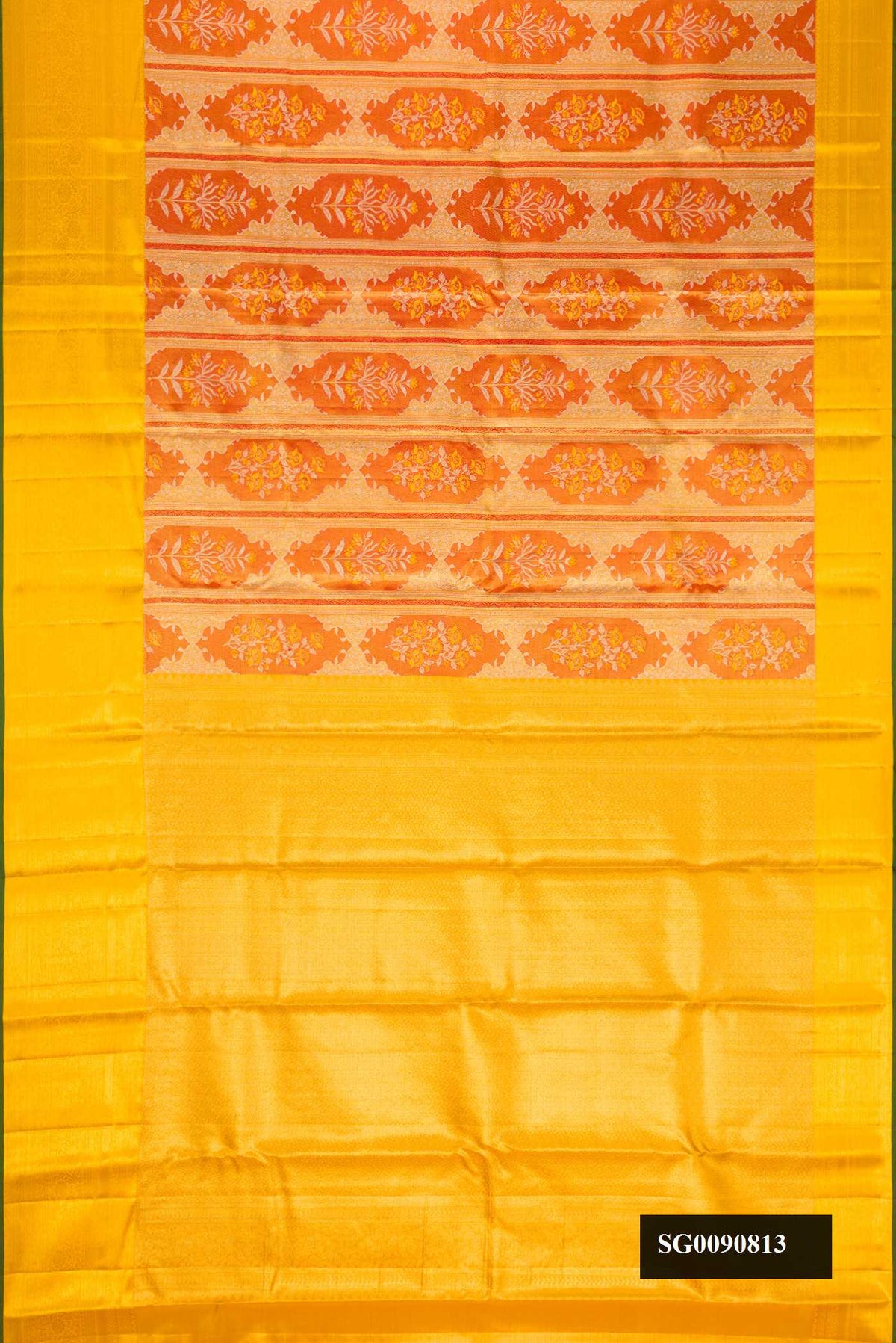 Red Dual Tone Kanchipuram Tissue Silk Saree with Zari Brocade on the body and Zari Border.  displayed on a mannequin
