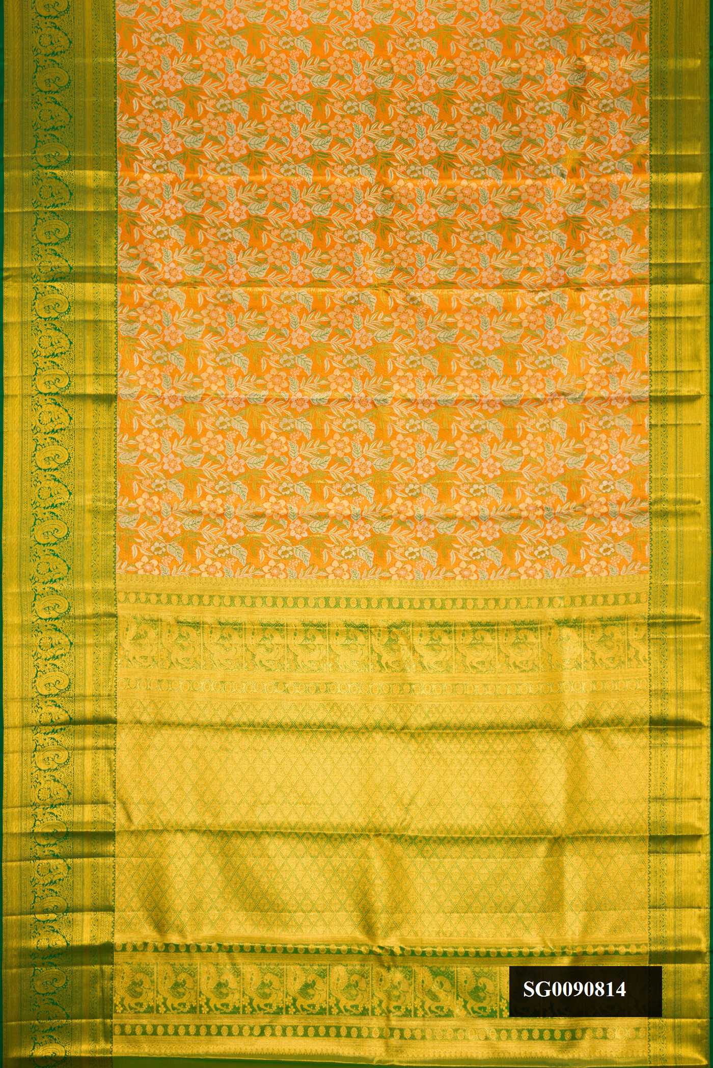 Orange Dual Tone Kanchipuram Tissue Silk Saree with Zari Brocade on the body and Zari Border.  displayed on a mannequin