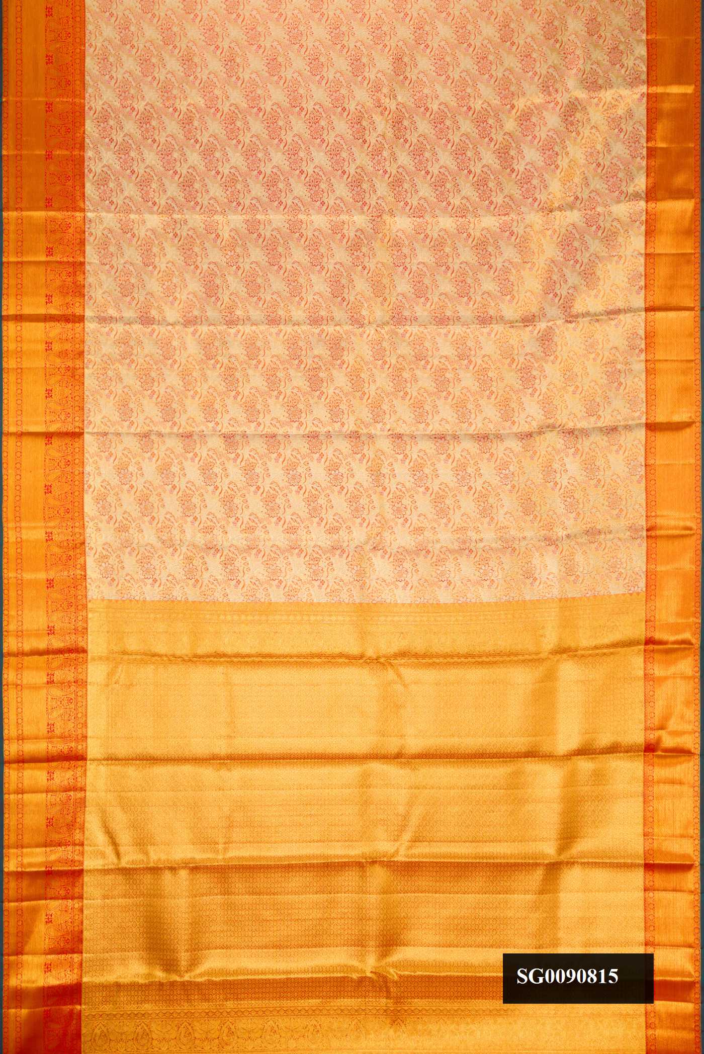 Orange Dual Tone Kanchipuram Tissue Silk Saree with Zari Brocade on the body and Zari Border.  displayed on a mannequin